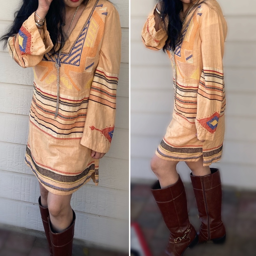 Free People| Mustard Boho Aztec Embroidered Mini Casual Dress| Sz L